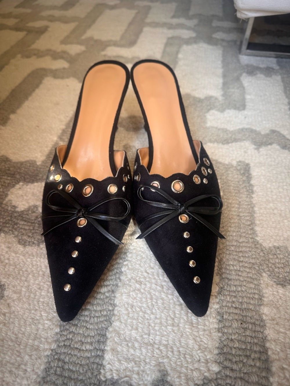Black Pointed Mule Flats with Stud & Bow Detail